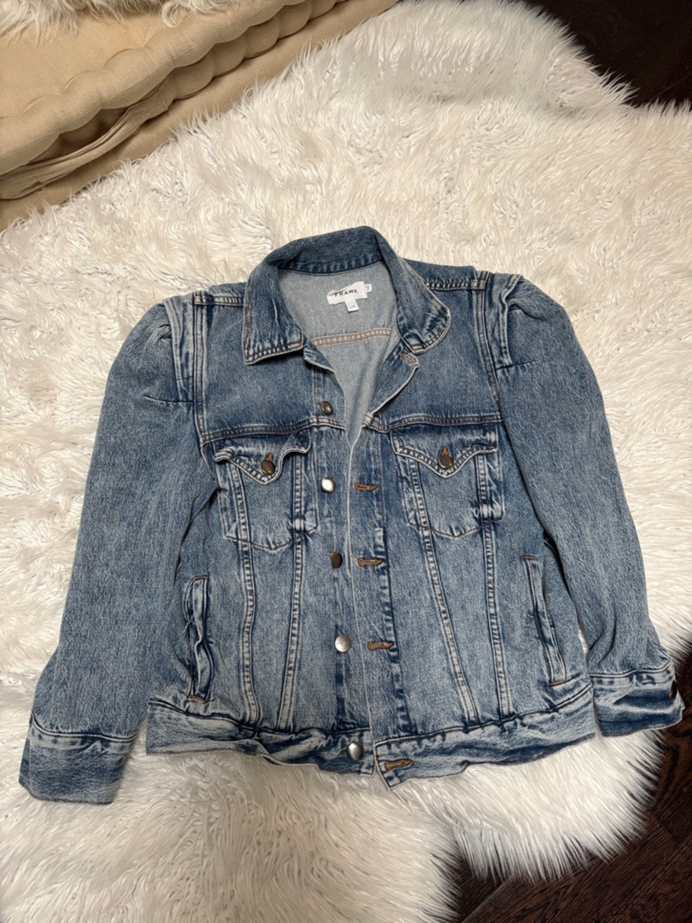 Frame Denim Washed Blue Puff-Shoulder Jean Jacket